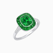 Art Deco Cushion Cut Ring with French-Cut Gemstone Halo and Diamond Accents - Shahin Jewelry